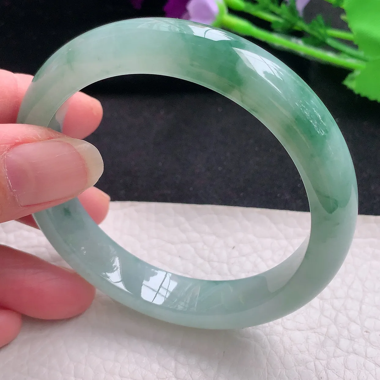 nc自然光57*12*8.3平安镯 缅甸翡翠玉手镯冰飘花秀气宽边玉手环