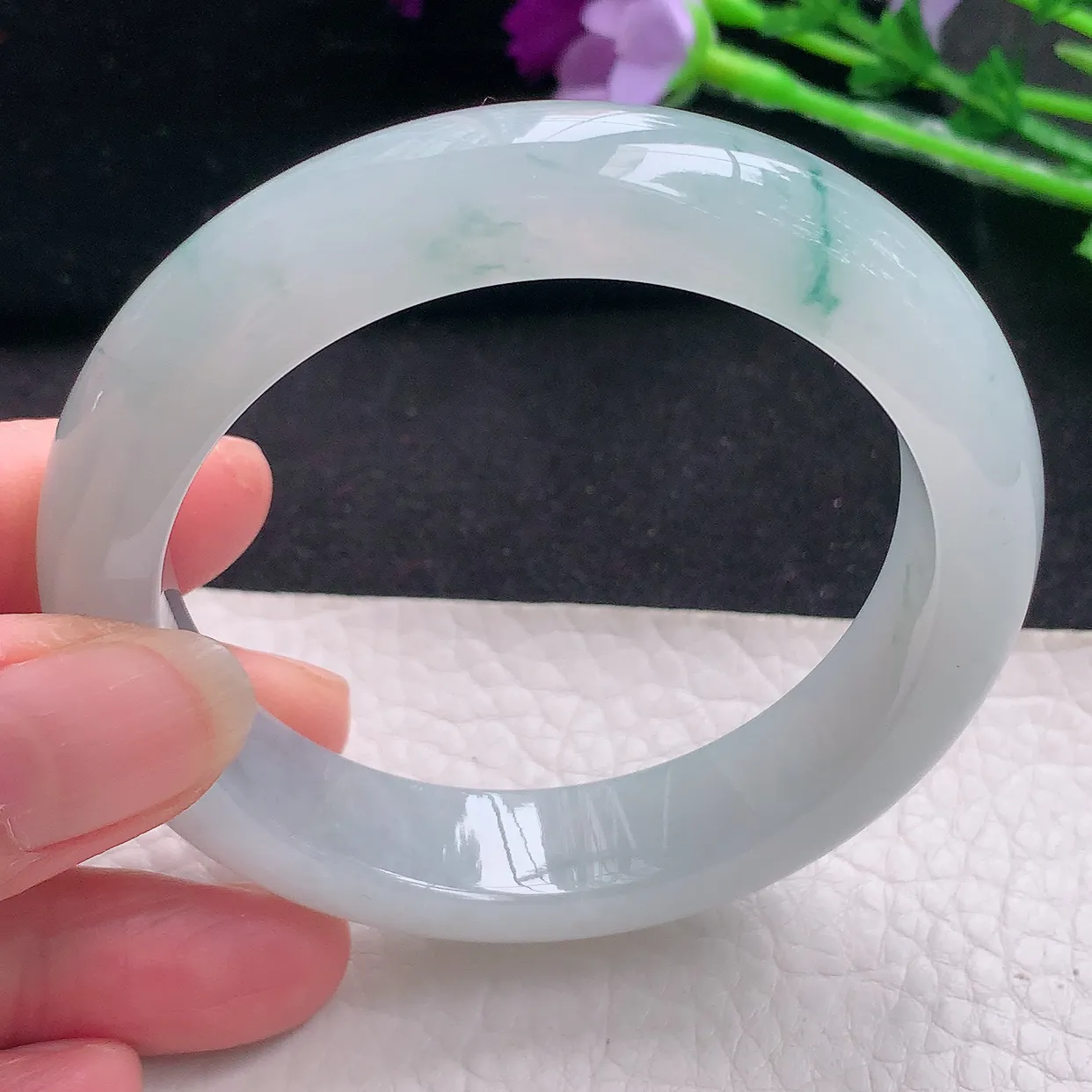 xo自然光54*12.8*9平安镯 缅甸翡翠A货冰飘花宽边玉手镯玉手环