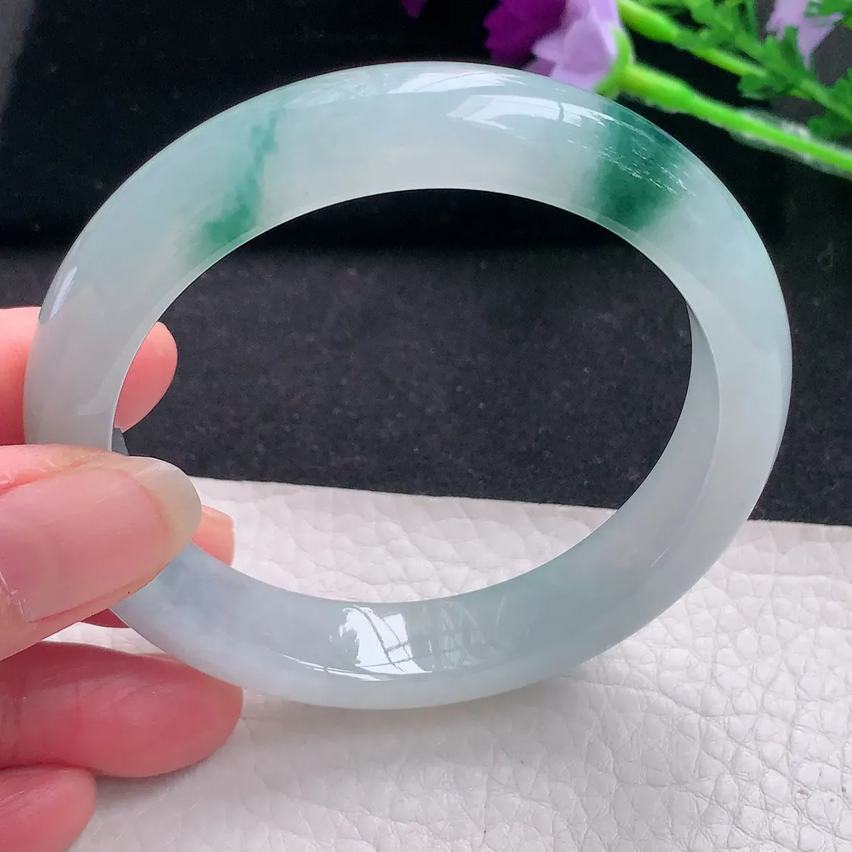 xd自然光57.5*12.5*8.5平安镯 缅甸翡翠a货玉手镯冰飘花宽边玉手环