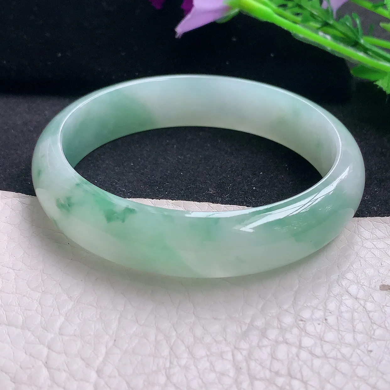 fy自然光59*14*7平安镯 缅甸翡翠a货玉手镯冰飘花宽边玉手环