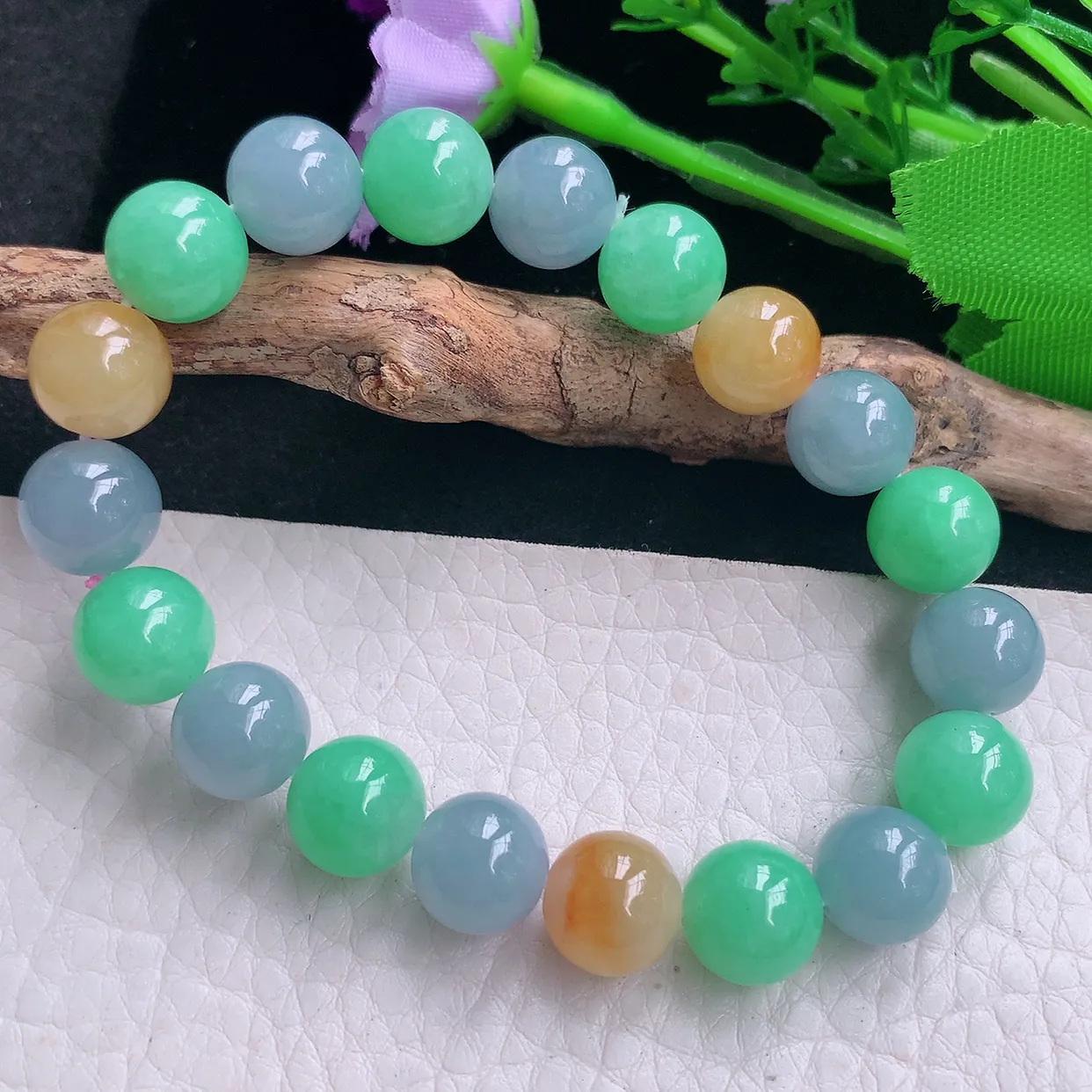 lz实拍10mm天然翡翠a货三彩圆珠手链多宝紫黄绿珠手串 女生珠串