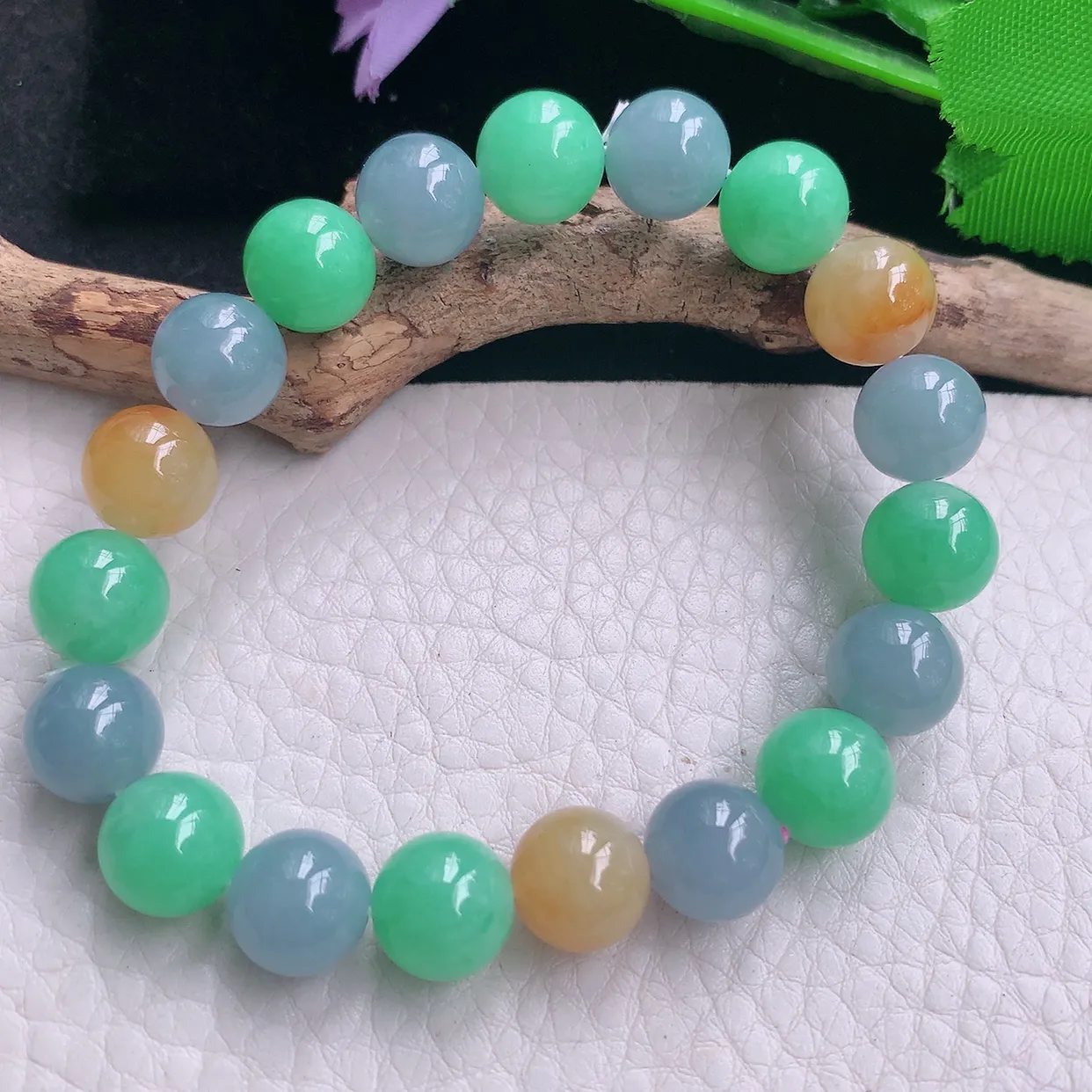 lz实拍10mm天然翡翠a货三彩圆珠手链多宝紫黄绿珠手串 女生珠串