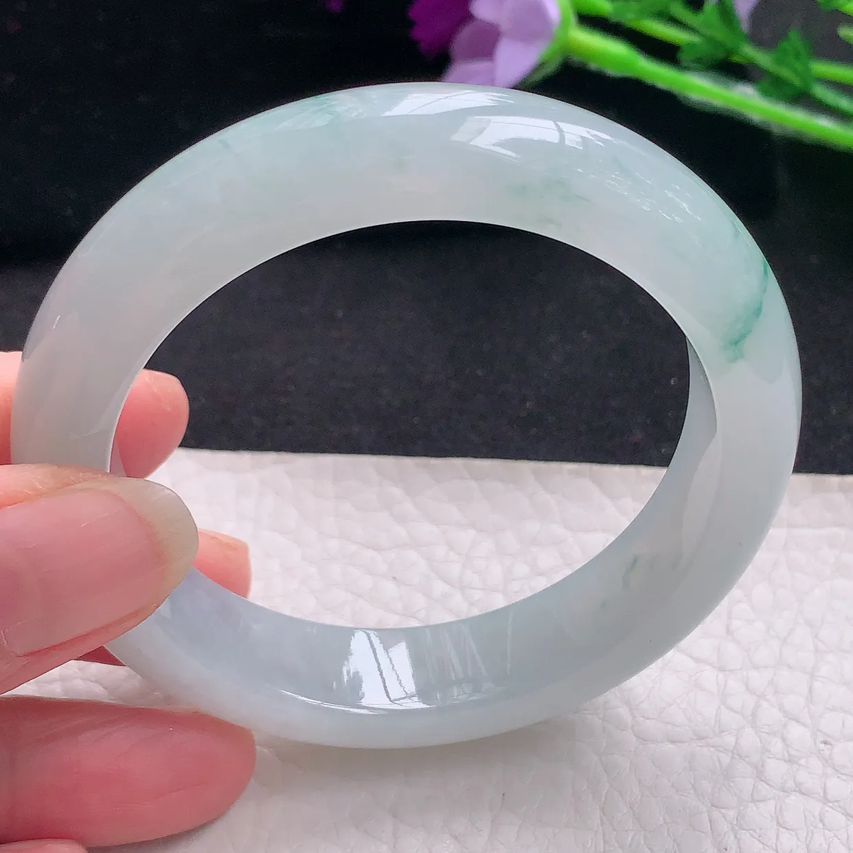 xo自然光54*12.8*9平安镯 缅甸翡翠A货冰飘花宽边玉手镯玉手环