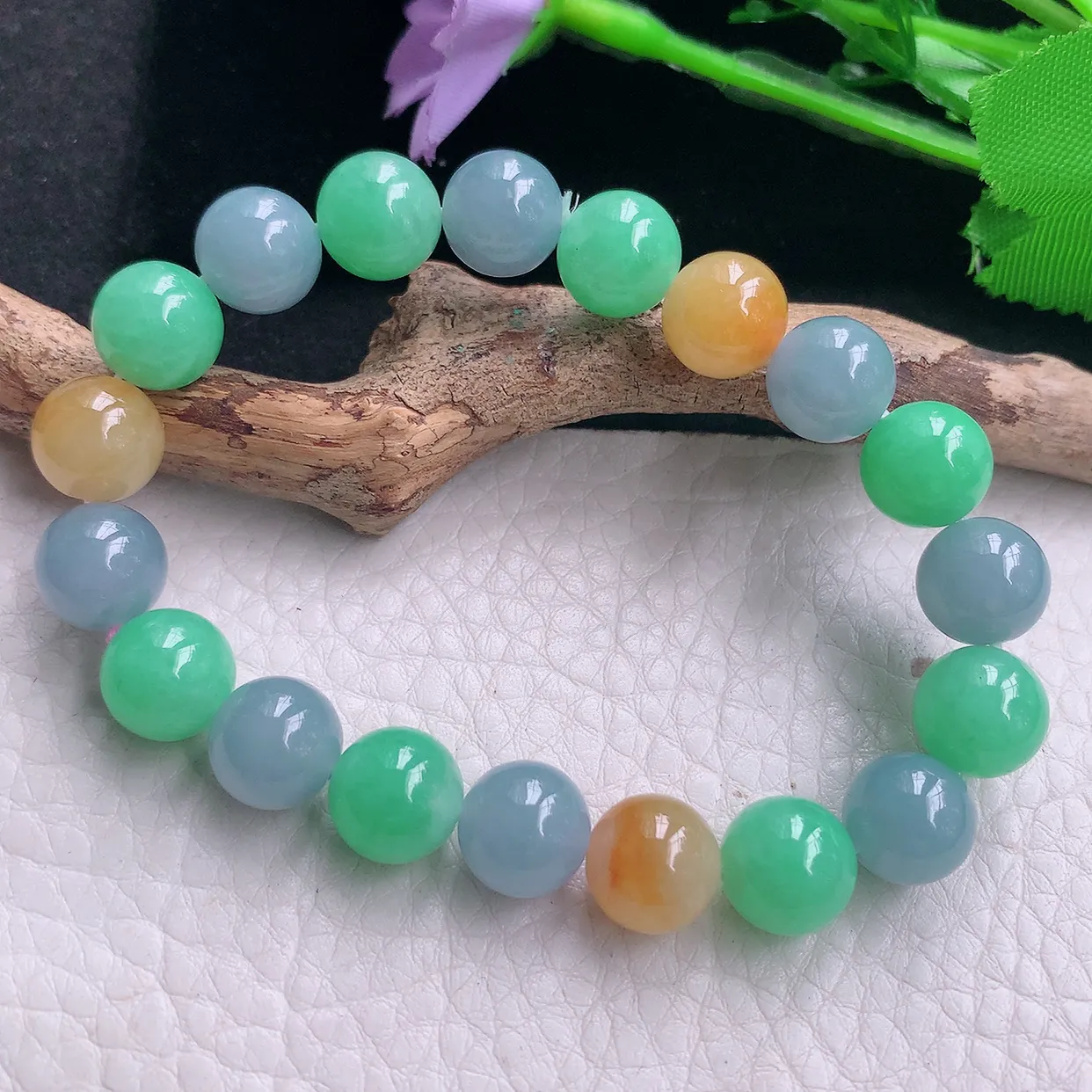 lz实拍10mm天然翡翠a货三彩圆珠手链多宝紫黄绿珠手串 女生珠串