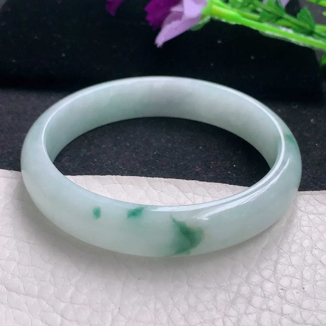 jm自然光56.7*12*6.3平安镯 缅甸翡翠A货飘花宽边玉手镯玉手环