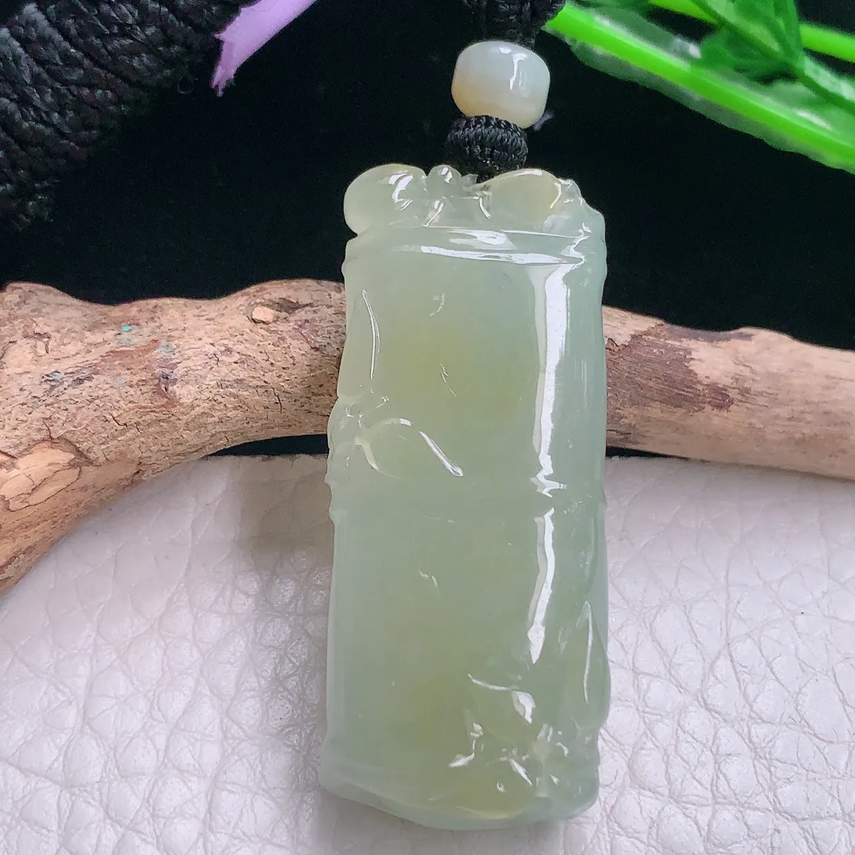 yl实拍43.6*18*9.5天然翡翠a货冰黄翡竹节吊坠 节节高升项坠