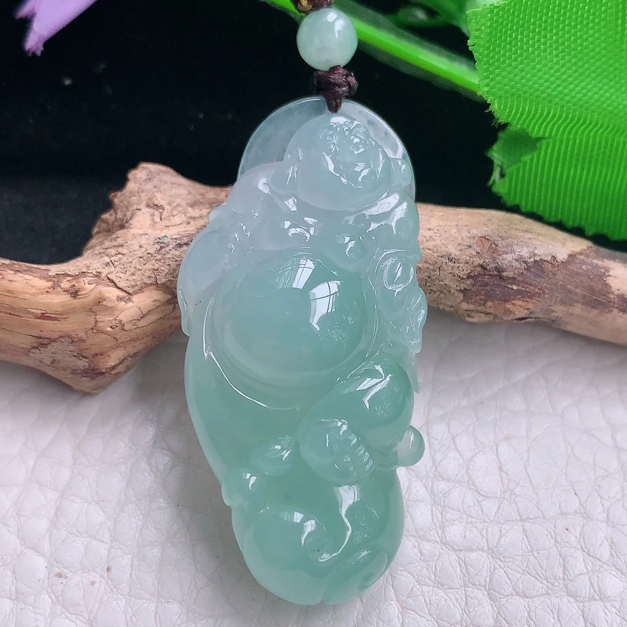 Lz实拍47.5*23*11.3天然翡翠a货冰种站佛祖吊坠冰透精雕布袋佛弥勒佛玉坠