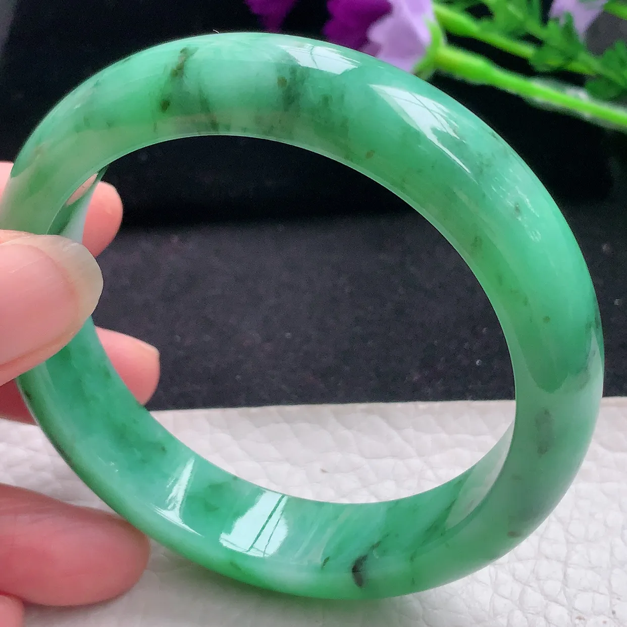 yh自然光57*13.2*8.3平安镯 翡翠玉手镯水润满绿宽边玉手环 美人镯