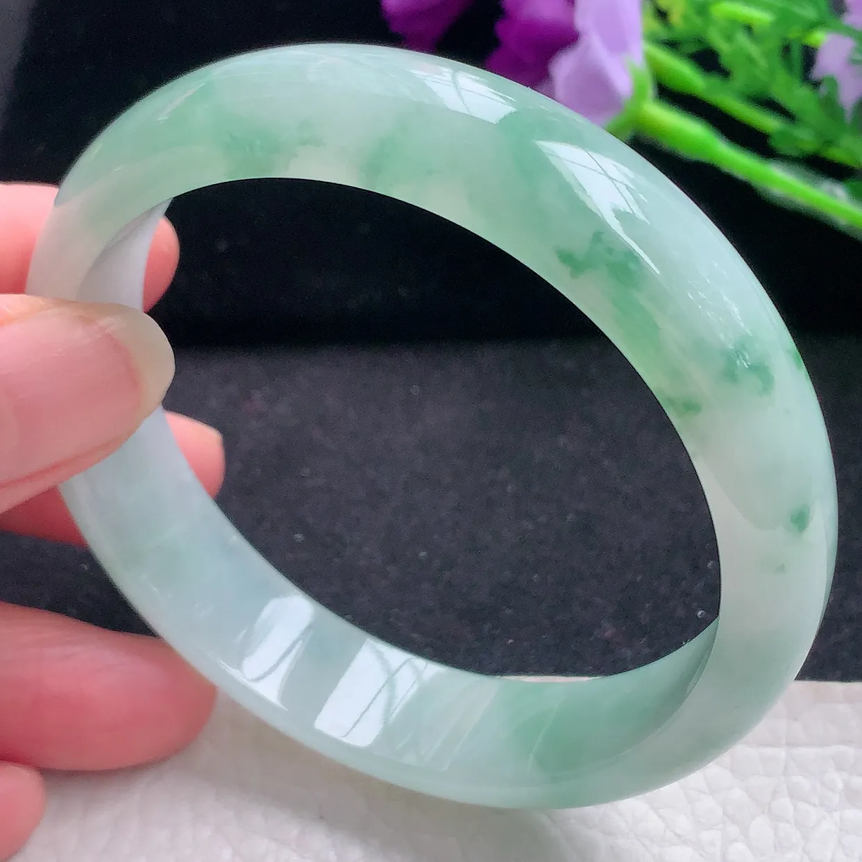 fy自然光59*14*7平安镯 缅甸翡翠a货玉手镯冰飘花宽边玉手环