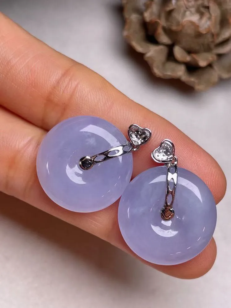 冰糯种紫罗兰一对平安扣吊坠、真金真钻镶嵌，种水好，玉质细腻 .裸石尺寸 20.2