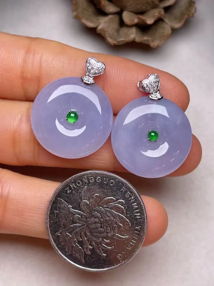冰糯种紫罗兰一对平安扣吊坠、真金真钻镶嵌，种水好，玉质细腻 .裸石尺寸 20.2
