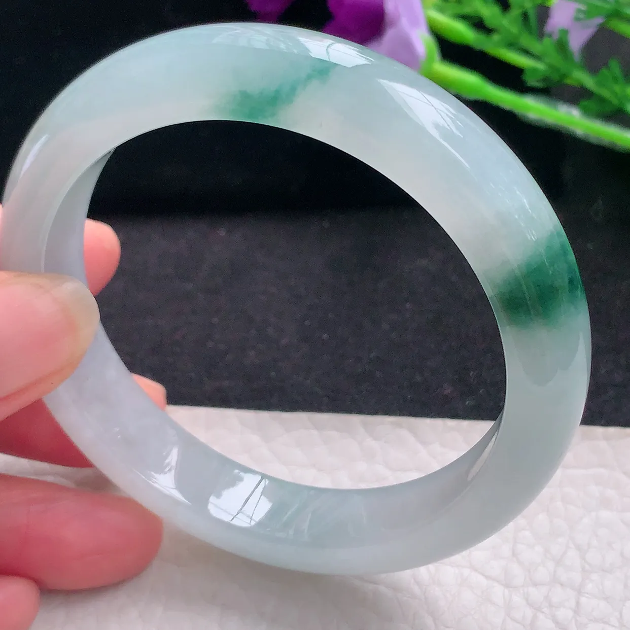 xd自然光57.5*12.5*8.5平安镯 缅甸翡翠a货玉手镯冰飘花宽边玉手环