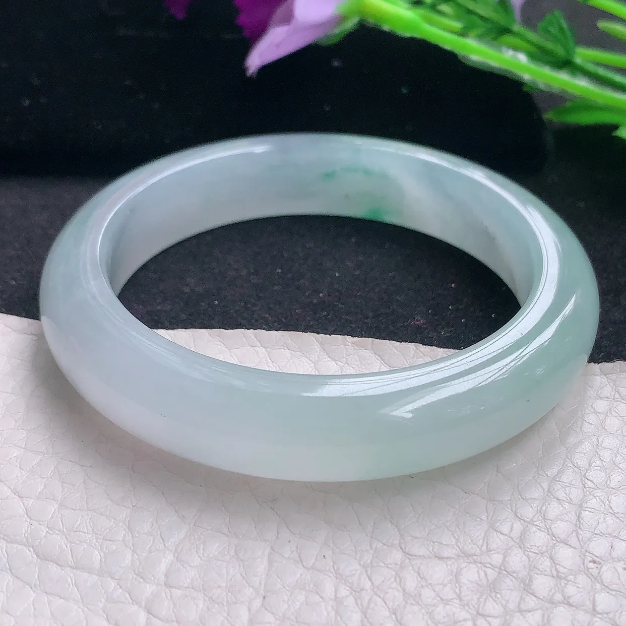 xo自然光53*11.6*8.3平安镯 缅甸翡翠A货冰飘绿花宽边玉手镯玉手环