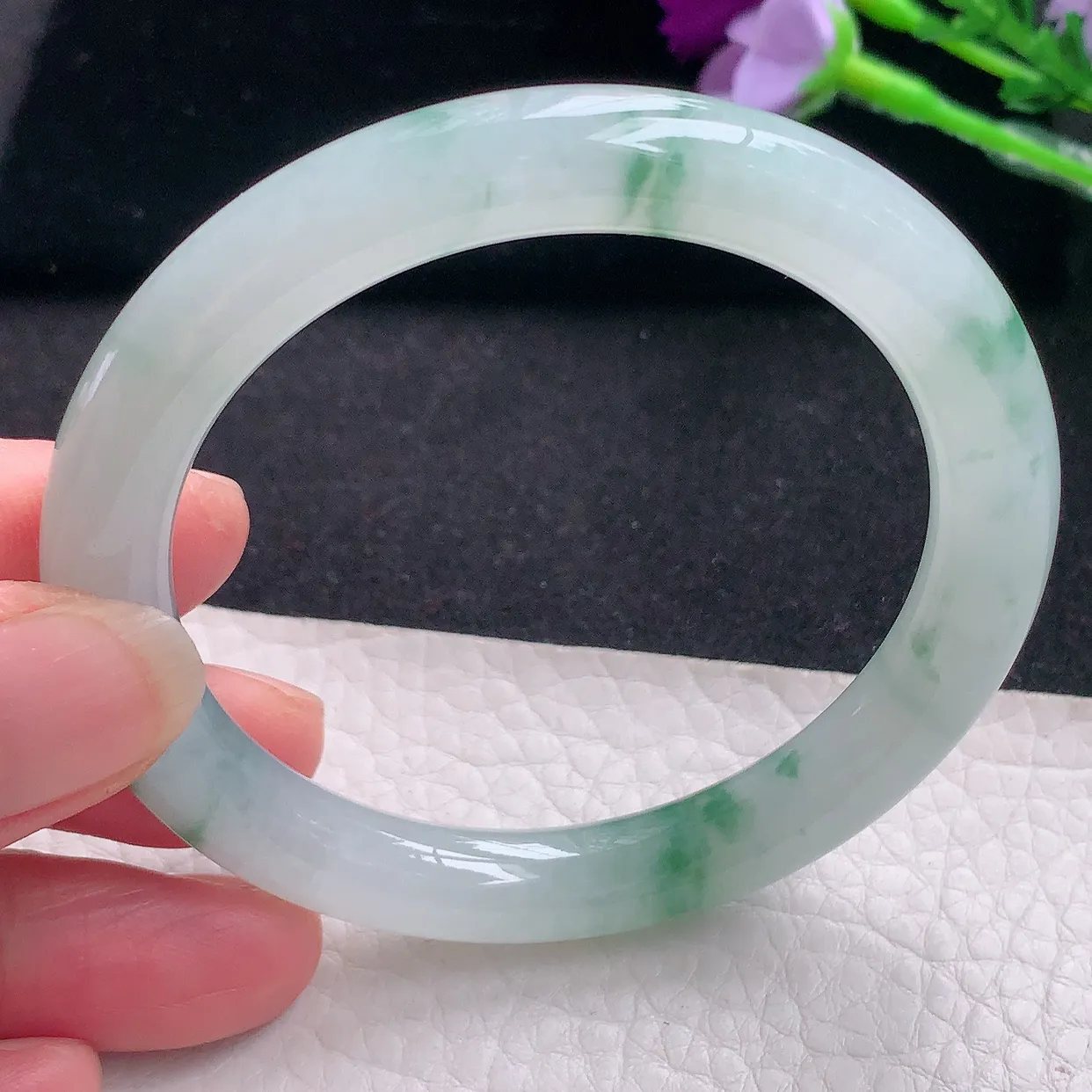 xd自然光53.8*9*8.6美人镯 缅甸翡翠a货玉手镯冰飘花圆条玉手环