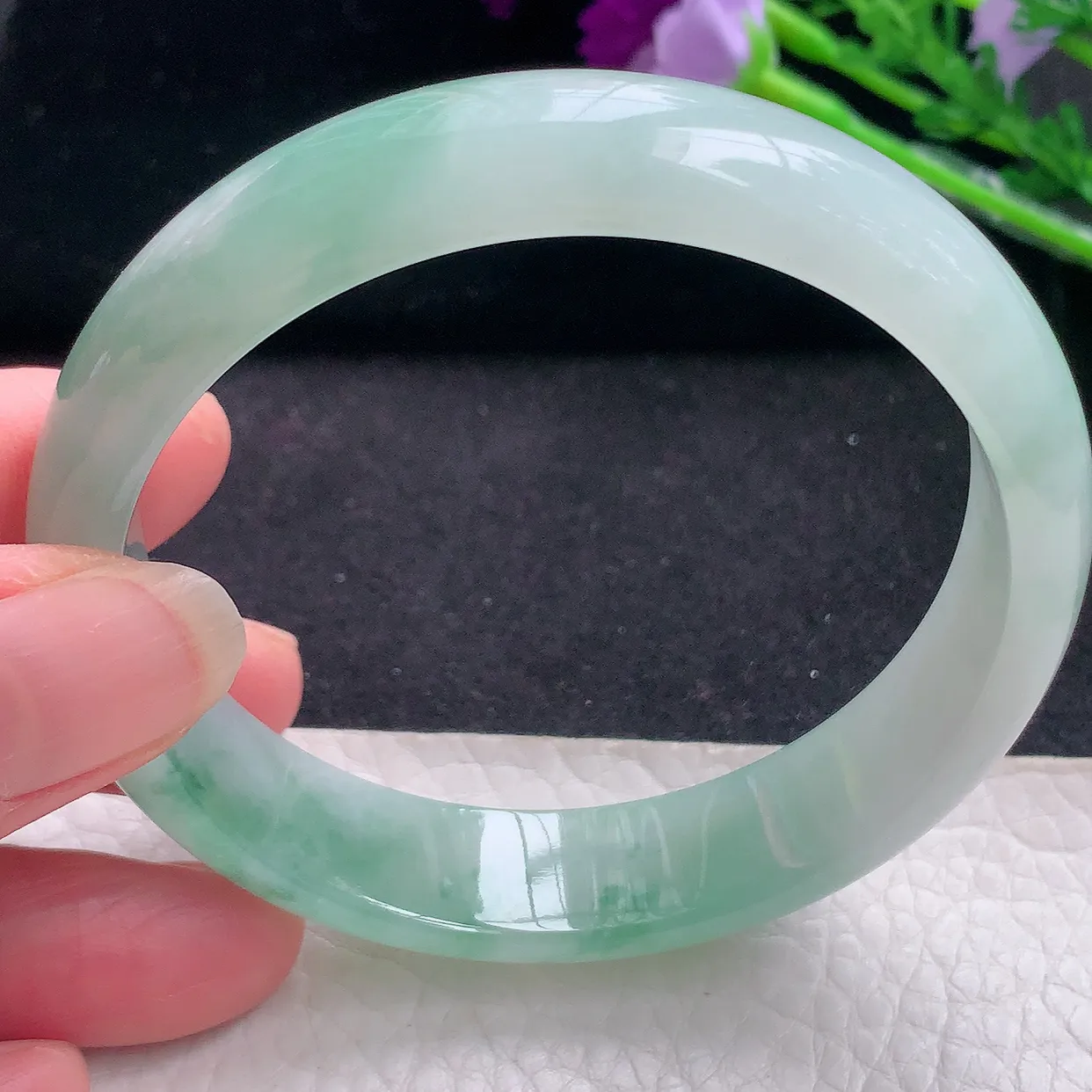 fy自然光59*14*7平安镯 缅甸翡翠a货玉手镯冰飘花宽边玉手环