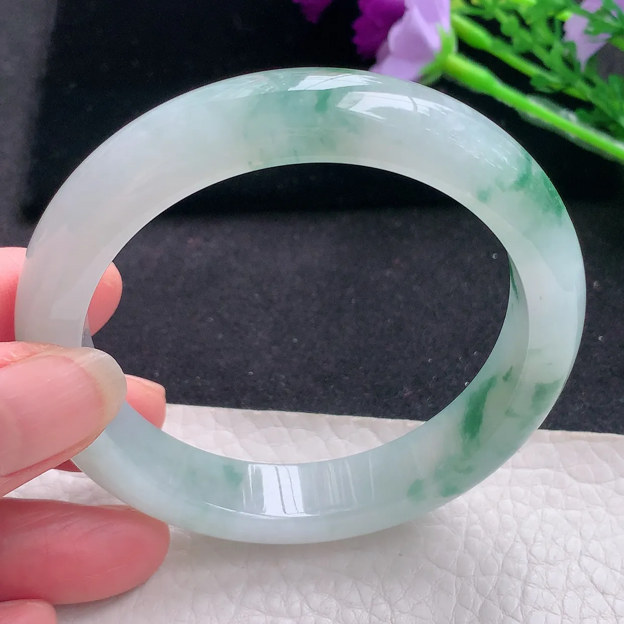 nr自然光57*12.3*8.5平安镯 缅甸翡翠a货冰飘花宽边玉手镯玉手环