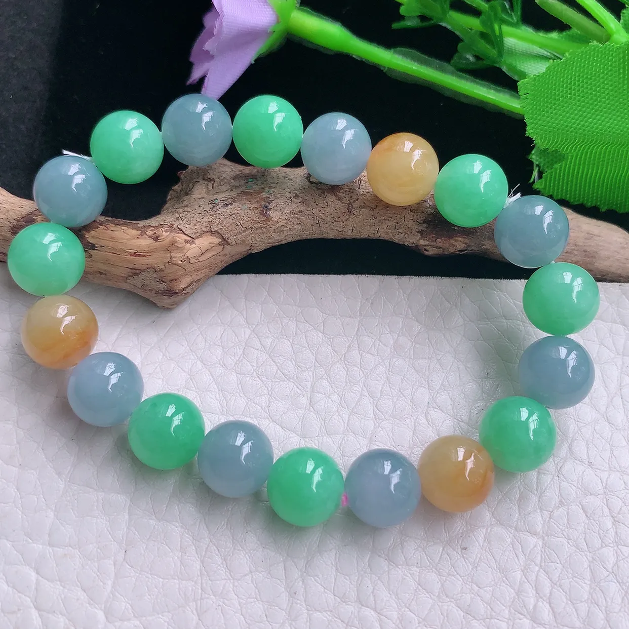 lz实拍10mm天然翡翠a货三彩圆珠手链多宝紫黄绿珠手串 女生珠串