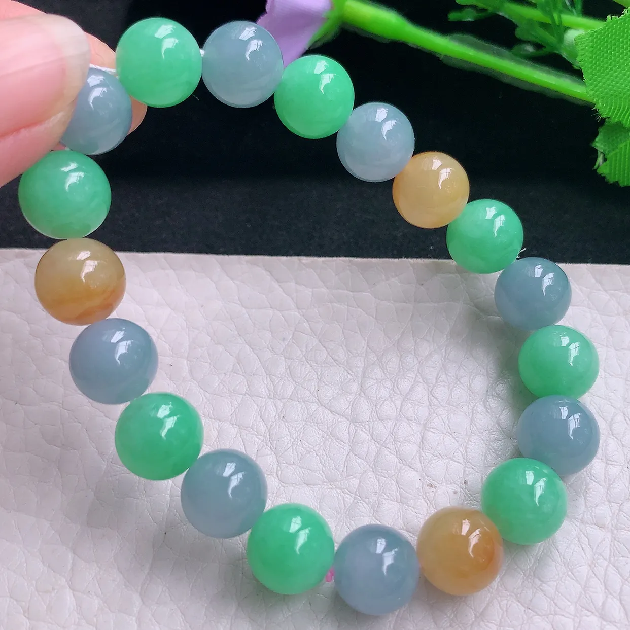 lz实拍10mm天然翡翠a货三彩圆珠手链多宝紫黄绿珠手串 女生珠串