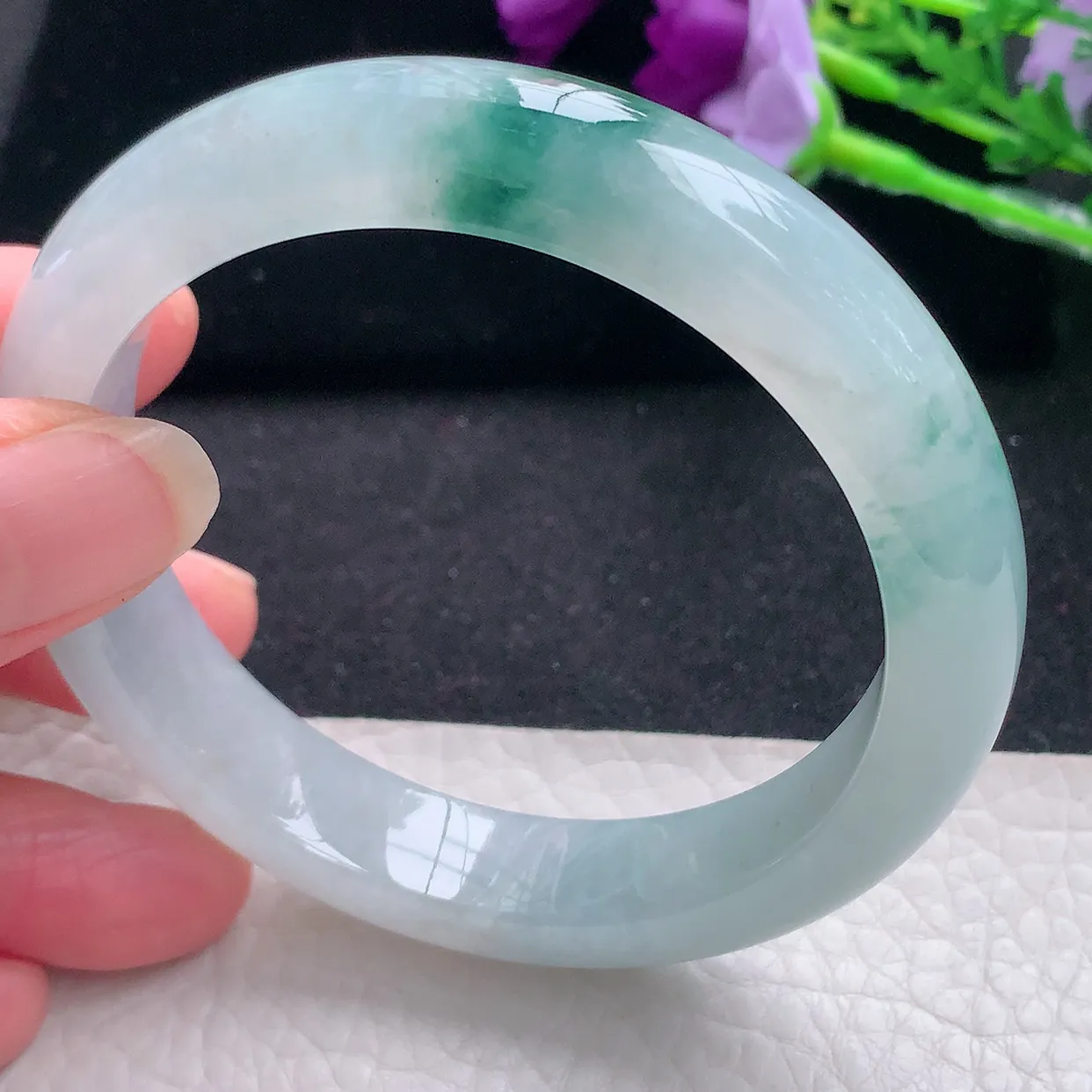 xd自然光57.5*12.5*8.5平安镯 缅甸翡翠a货玉手镯冰飘花宽边玉手环