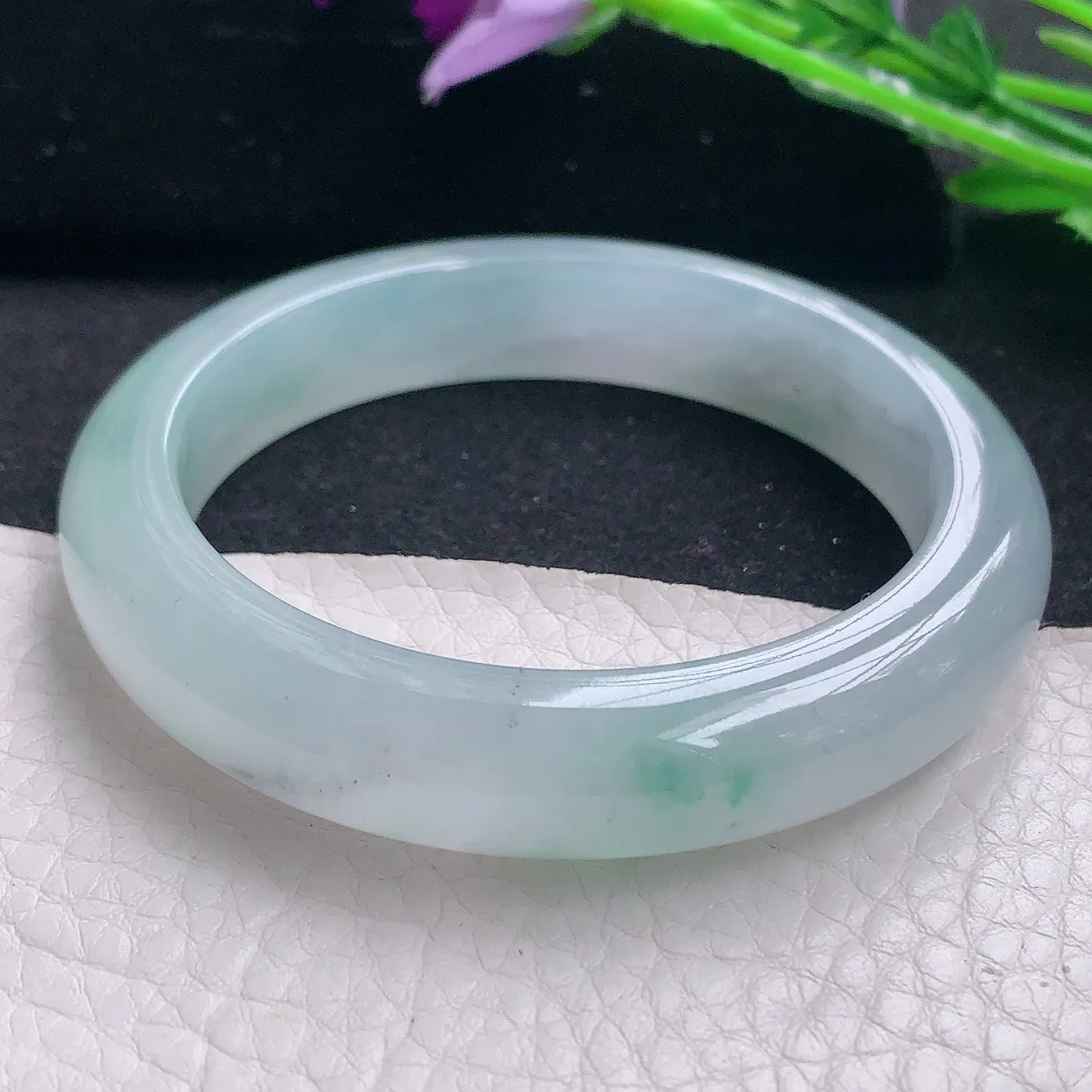 xo自然光53*11.6*8.3平安镯 缅甸翡翠A货冰飘绿花宽边玉手镯玉手环