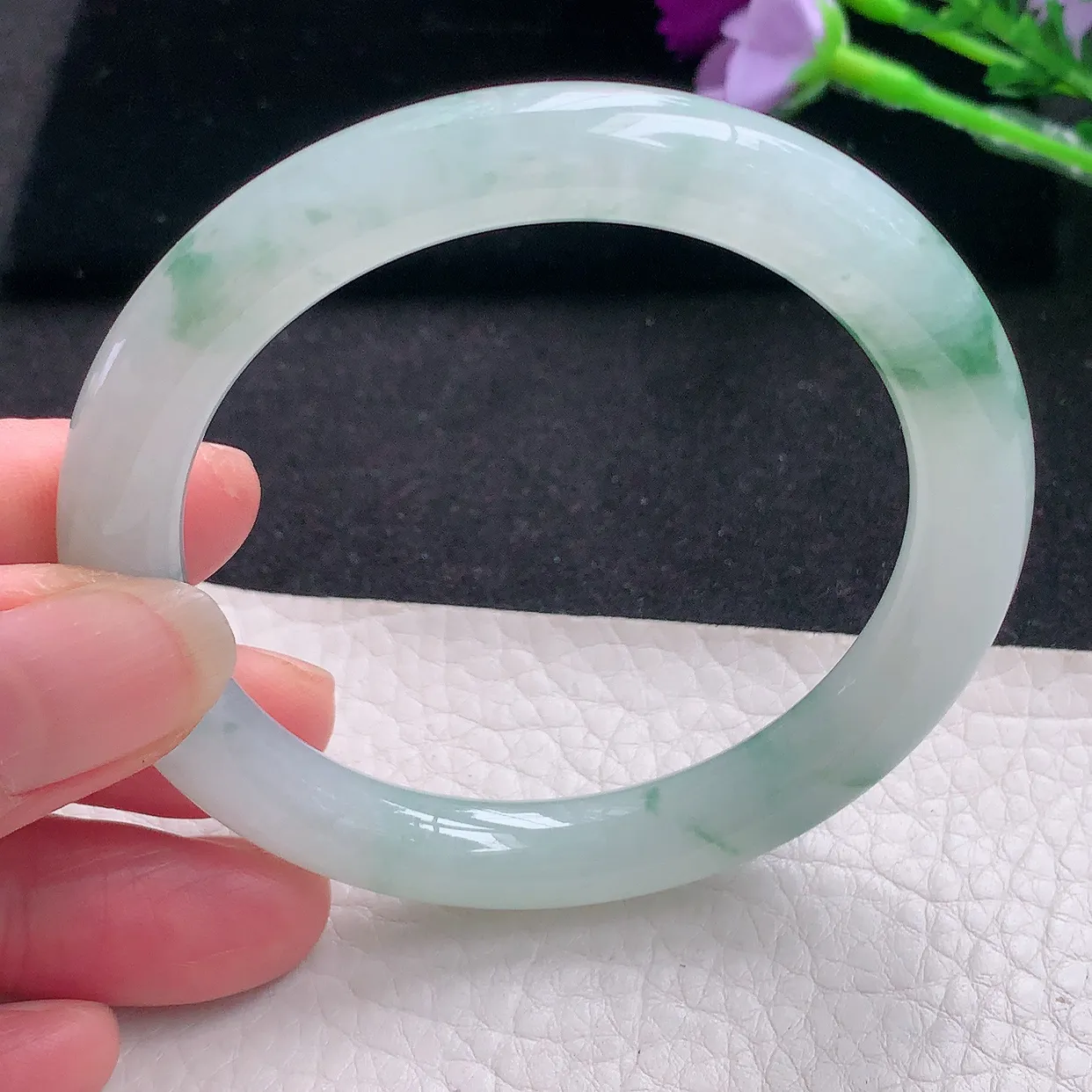 xd自然光53.8*9*8.6美人镯 缅甸翡翠a货玉手镯冰飘花圆条玉手环