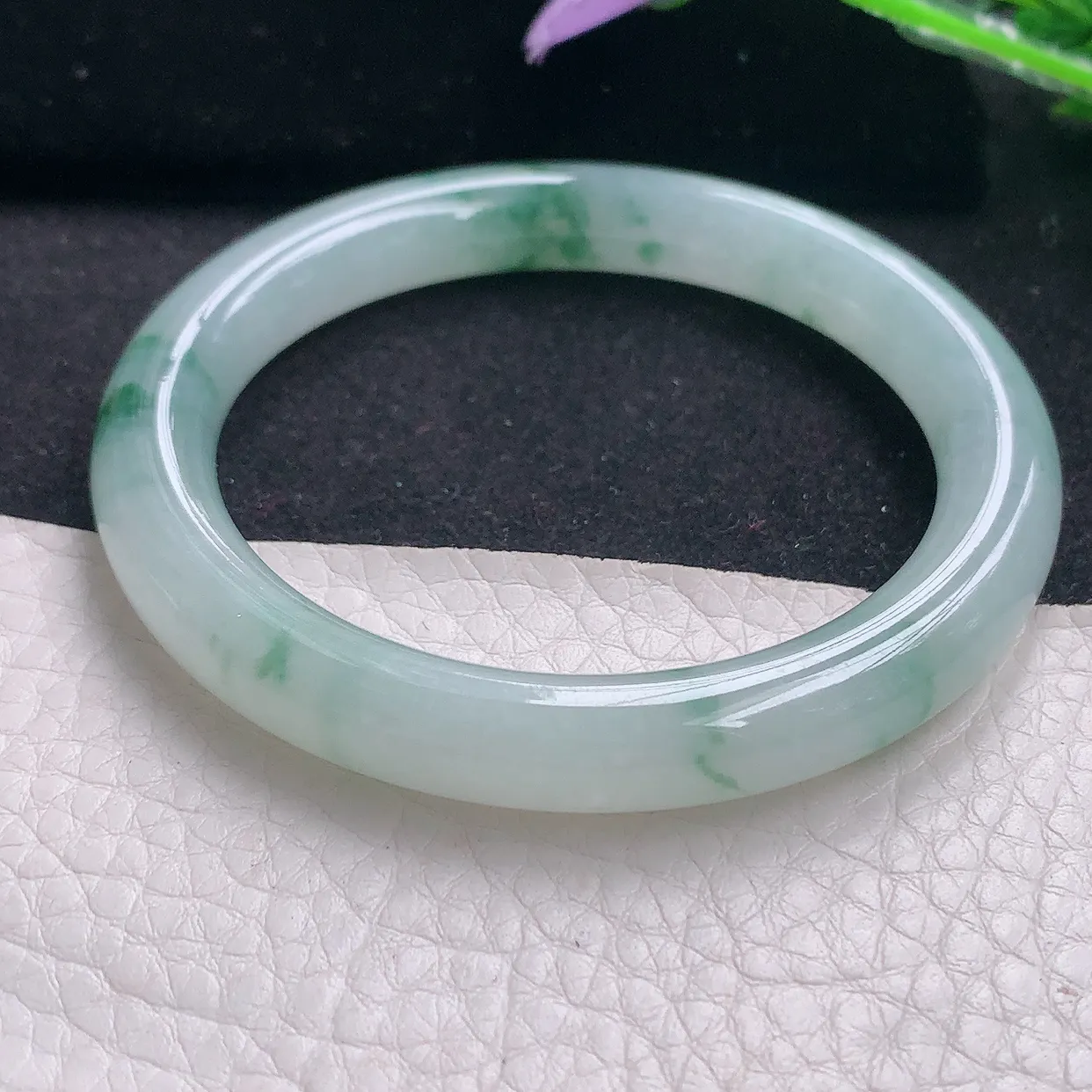 xd自然光53.8*9*8.6美人镯 缅甸翡翠a货玉手镯冰飘花圆条玉手环