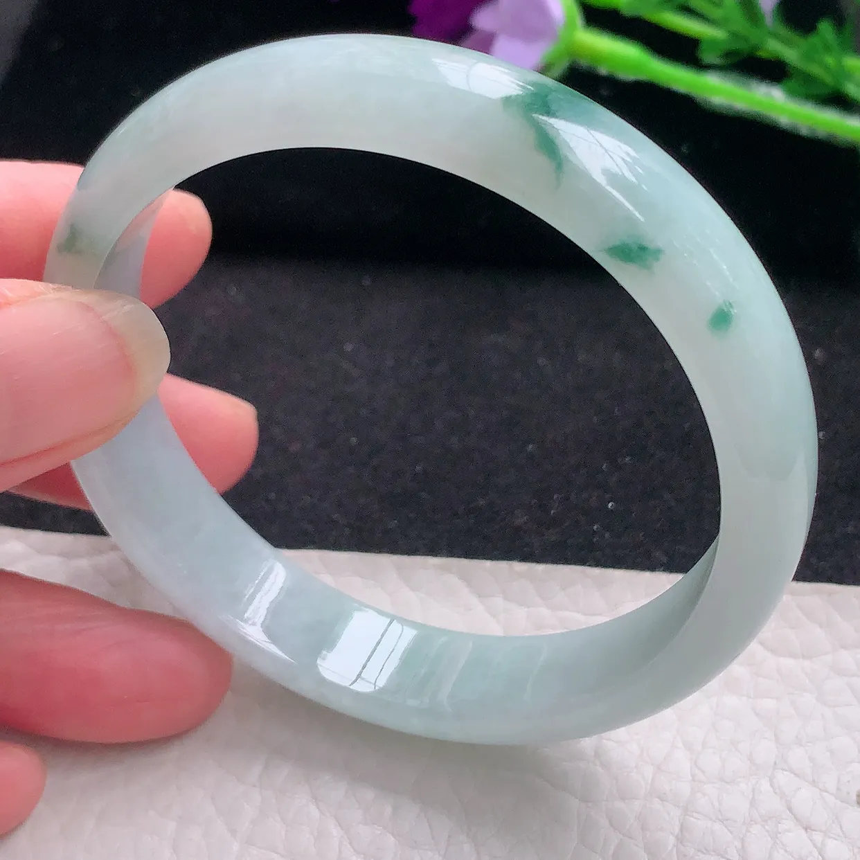 jm自然光56.7*12*6.3平安镯 缅甸翡翠A货飘花宽边玉手镯玉手环