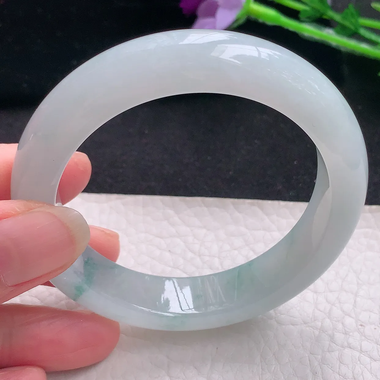 xo自然光54*12.8*9平安镯 缅甸翡翠A货冰飘花宽边玉手镯玉手环