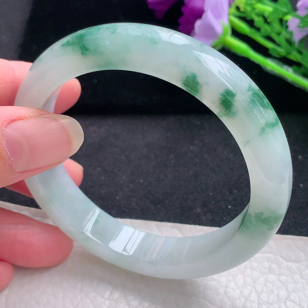 nr自然光57*12.3*8.5平安镯 缅甸翡翠a货冰飘花宽边玉手镯玉手环