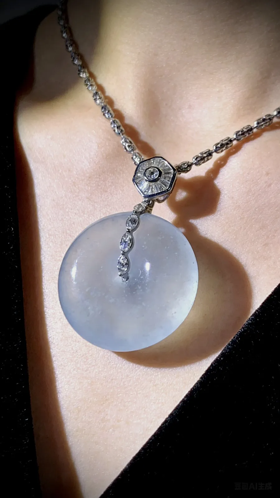 【平安顺遂】，木那雪花料厚装平安扣子，
38.5-裸石25.2-7.5mm，10.98g，
18K金，南非钻，不配链