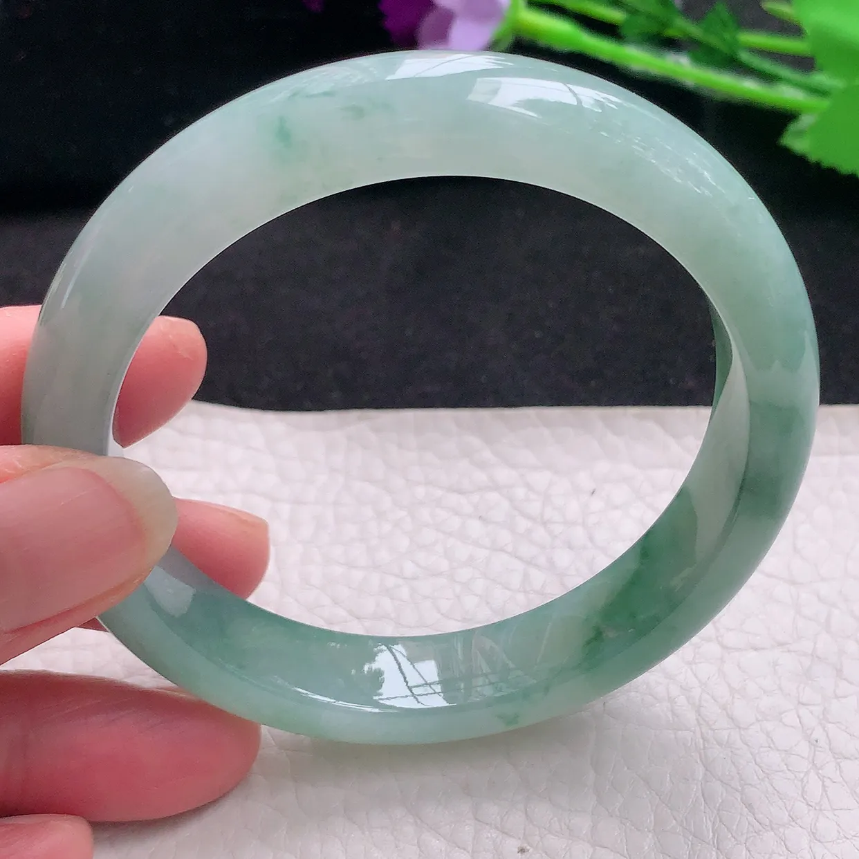 nc自然光57*12*8.3平安镯 缅甸翡翠玉手镯冰飘花秀气宽边玉手环