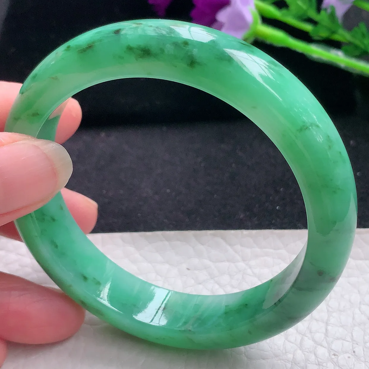 yh自然光57*13.2*8.3平安镯 翡翠玉手镯水润满绿宽边玉手环 美人镯