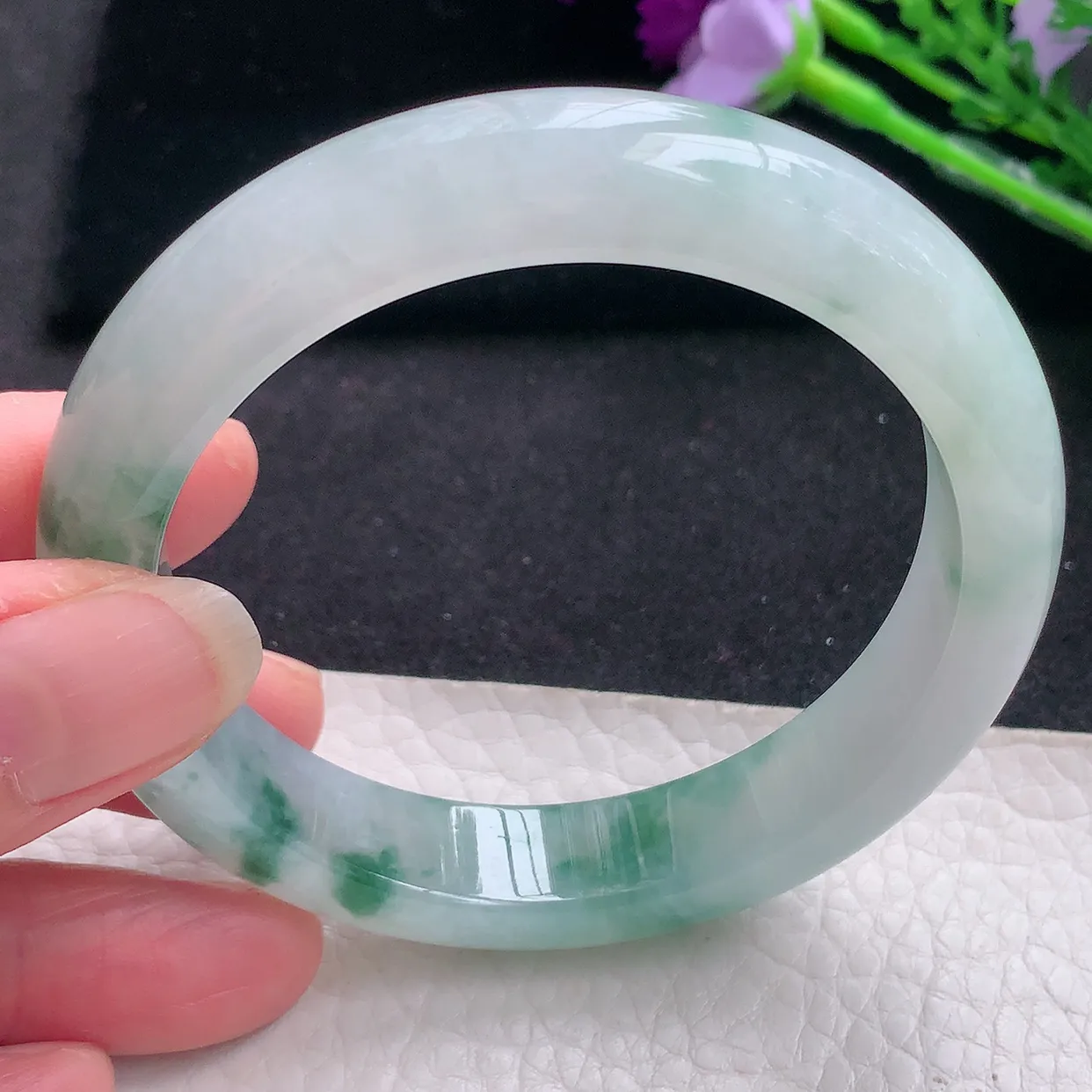 nr自然光57*12.3*8.5平安镯 缅甸翡翠a货冰飘花宽边玉手镯玉手环