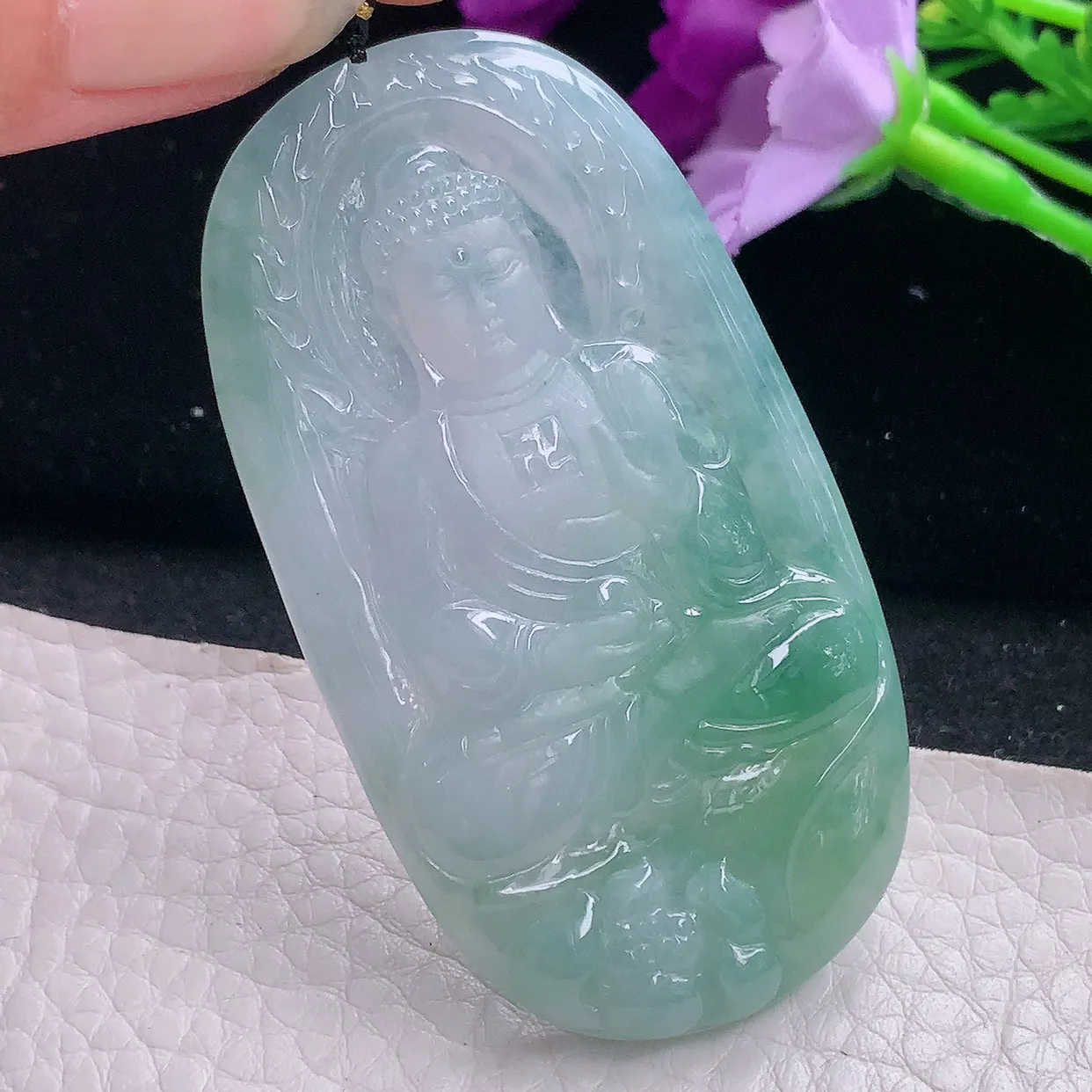 kh实拍62.6*34.5*5.6天然翡翠阿弥佗佛吊坠冰透精雕俏色如来佛祖