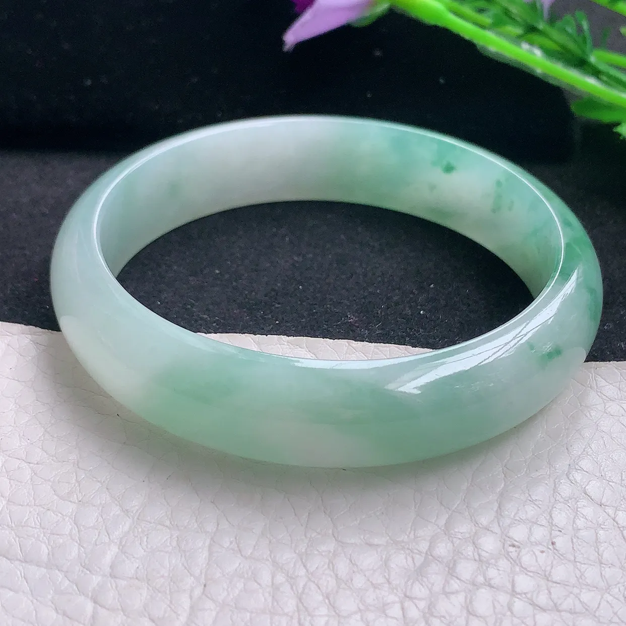 fy自然光59*14*7平安镯 缅甸翡翠a货玉手镯冰飘花宽边玉手环