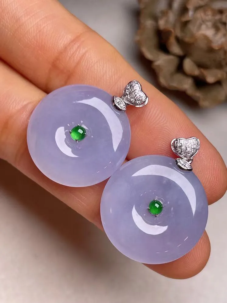 冰糯种紫罗兰一对平安扣吊坠、真金真钻镶嵌，种水好，玉质细腻 .裸石尺寸 20.2