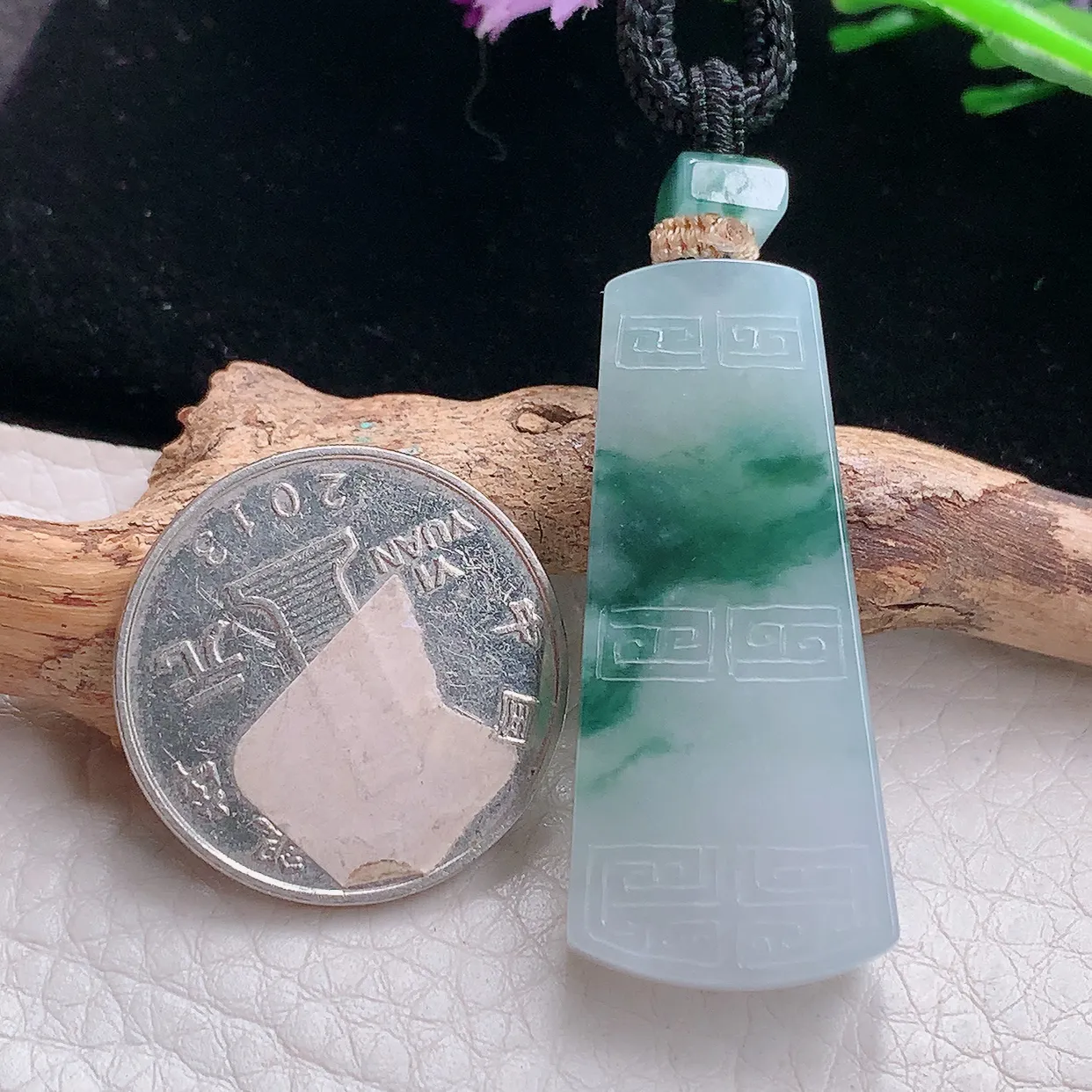 yl实拍39.3 *17.2*6缅甸天然翡翠冰飘花平安无事牌吊坠雕花素牌玉坠