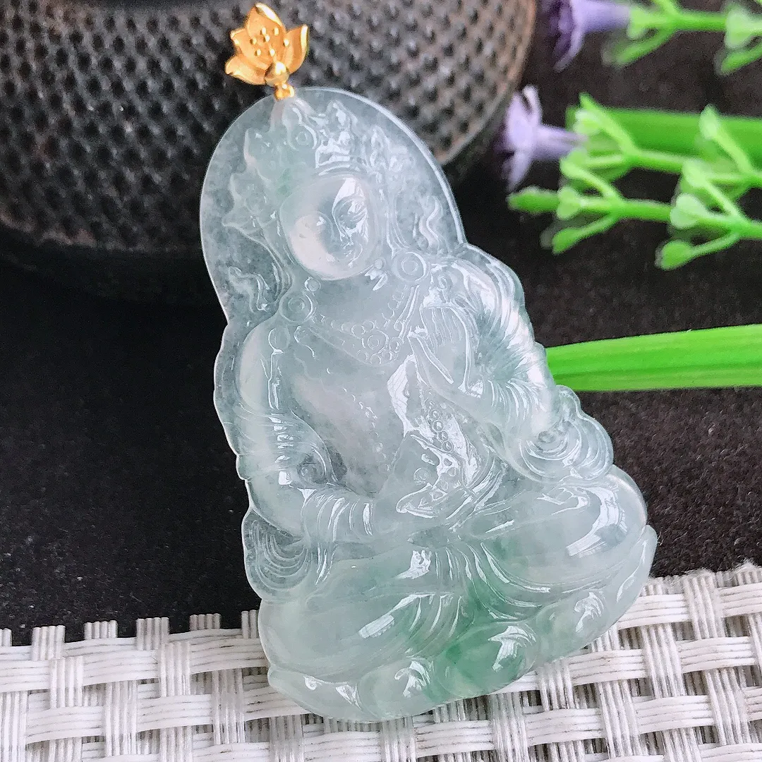 天然A货翡翠48/31.3/4.7老坑18k金镶嵌冰飘花渡母菩萨吊坠翡翠挂件