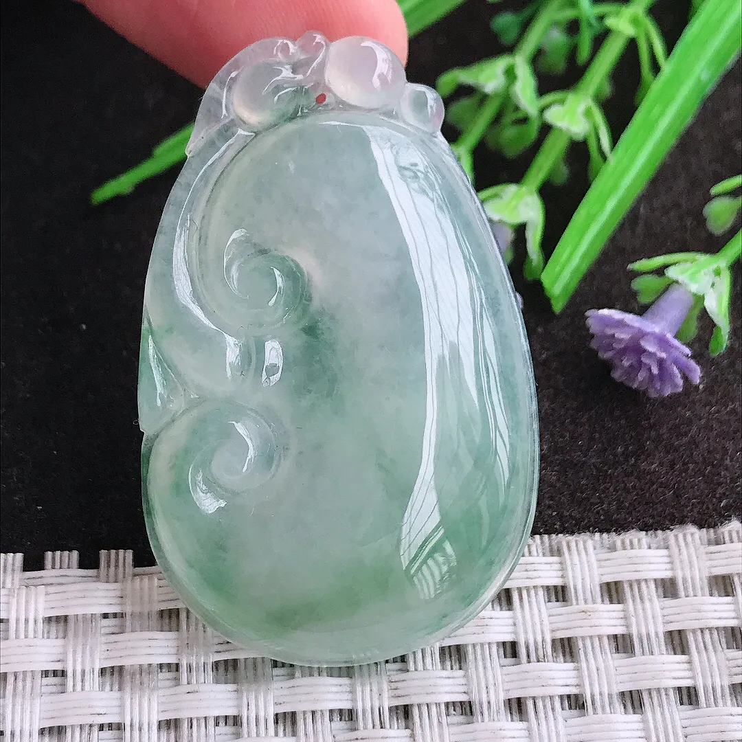 天然A货翡翠45.6/29/5.9老坑冰种果冻胶飘花如意吊坠翡翠挂件