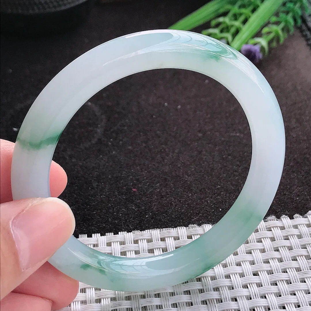 天然A货翡翠55/8.8/9.2老坑冰胶果冻飘花手镯蓝花宽边玉镯