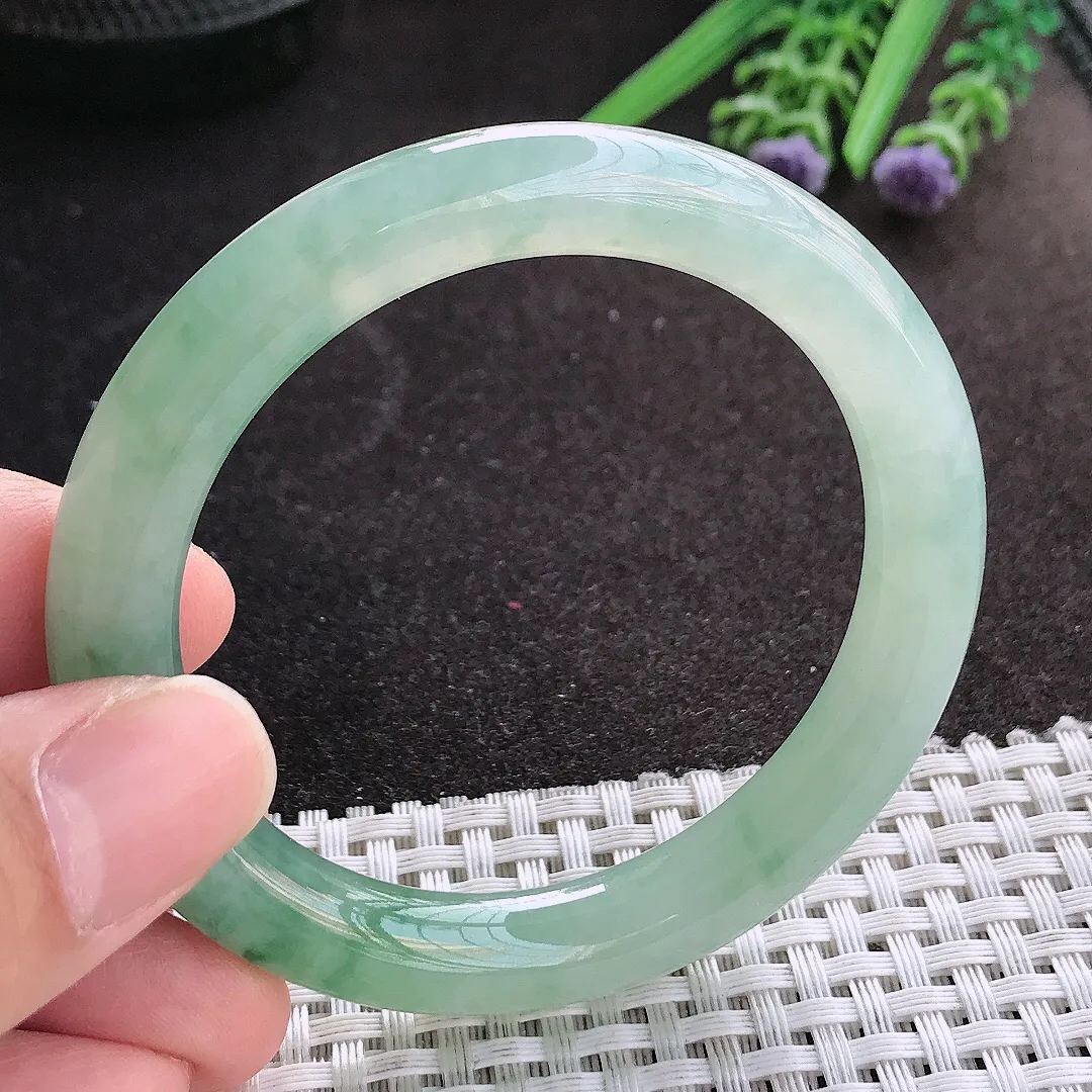 天然A货翡翠52.8/9.3/9.2老坑冰胶果冻冰晴飘花圆条手镯翡翠玉镯