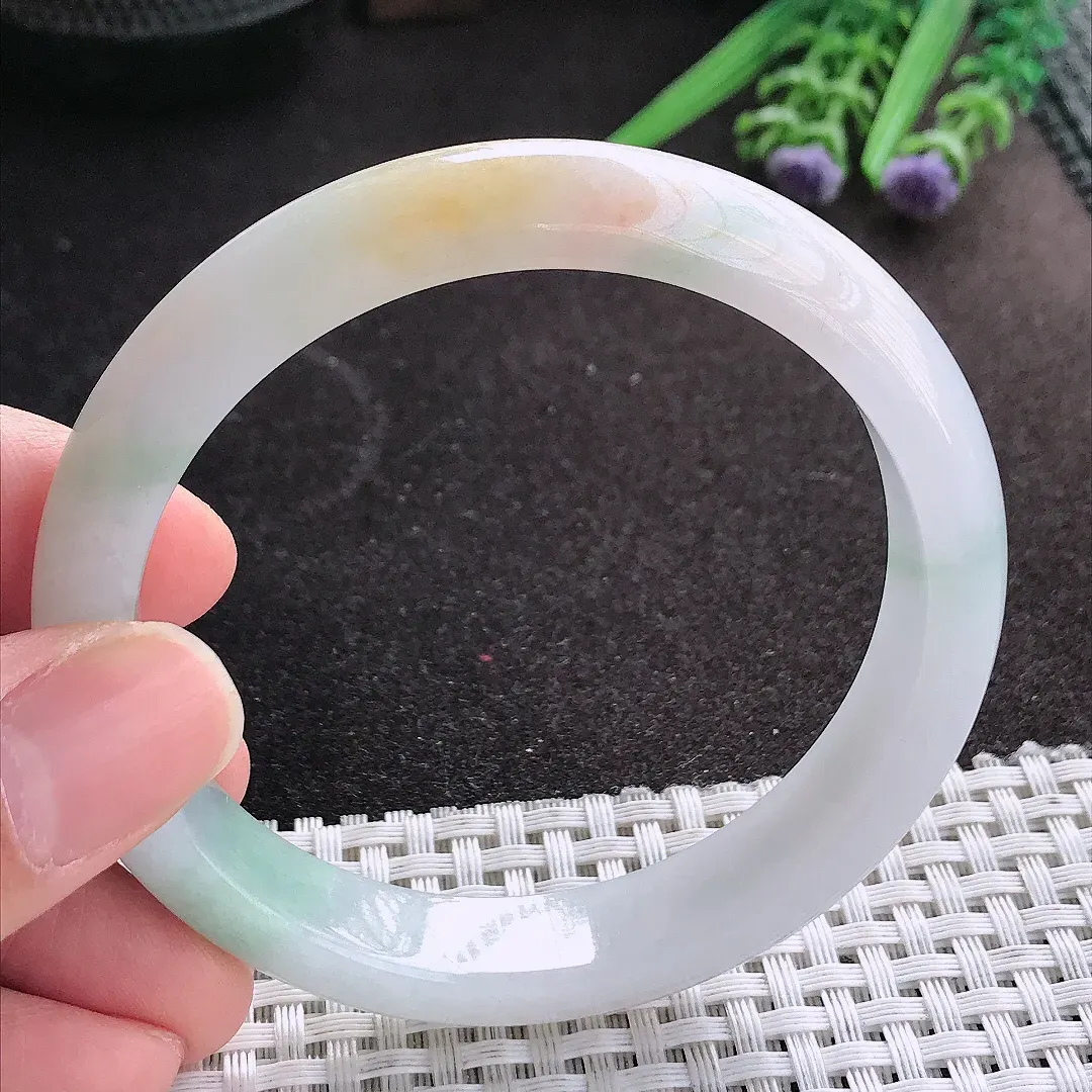 天然A货翡翠58.5/12/7.8老坑秀气油润飘花手镯宽边玉镯