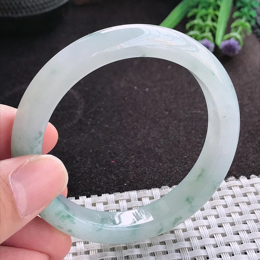 天然A货翡翠55.5/11/8.5老坑冰胶水灵飘花手镯宽边玉镯