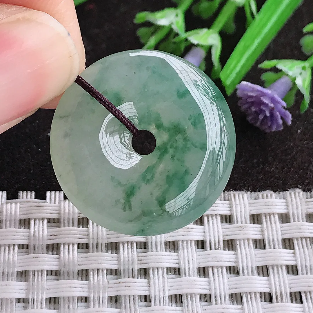 天然A货翡翠24.8/5.3老坑冰胶果冻冰飘花平安扣吊坠翡翠挂件