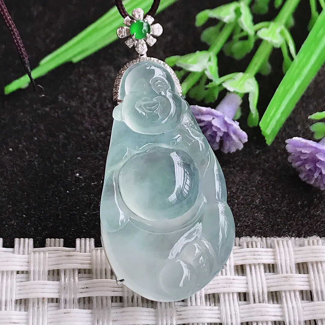 天然A货翡翠38.4/17.6/7.5老坑18k金镶嵌冰种佛公吊坠翡翠白冰玉佛挂件