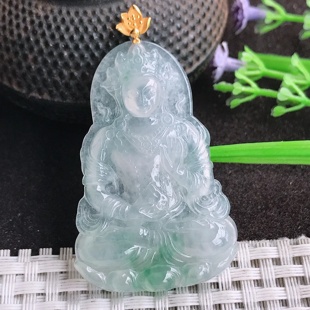天然A货翡翠48/31.3/4.7老坑18k金镶嵌冰飘花渡母菩萨吊坠翡翠挂件