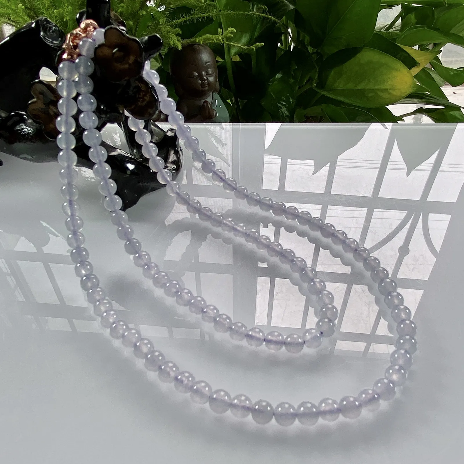 缅甸天然翡翠A货，卡5冰种起光浅紫冰紫圆珠项链手链，尺寸：5mm/120颗，长度590mm，重量：26.65g