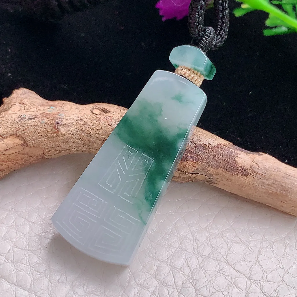 yl实拍39.3 *17.2*6缅甸天然翡翠冰飘花平安无事牌吊坠雕花素牌玉坠