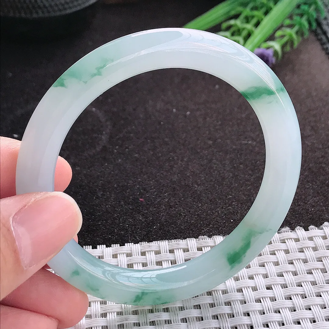 天然A货翡翠55/8.8/9.2老坑冰胶果冻飘花手镯蓝花宽边玉镯