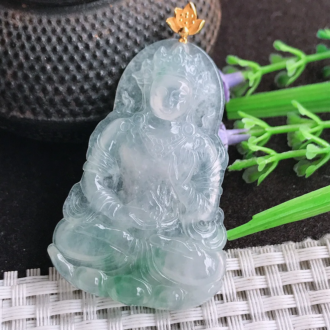 天然A货翡翠48/31.3/4.7老坑18k金镶嵌冰飘花渡母菩萨吊坠翡翠挂件